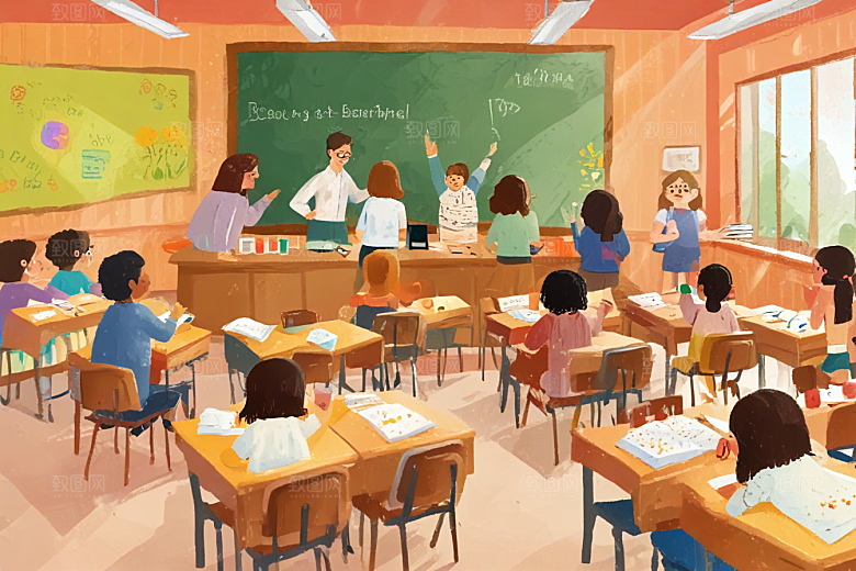 图中描绘了一幅小学课堂认真学习的场景