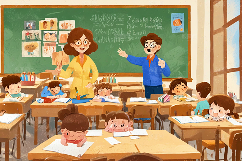 图中描绘了一幅小学课堂认真学习的场景