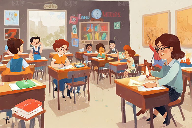 图中描绘了一幅小学课堂认真学习的场景