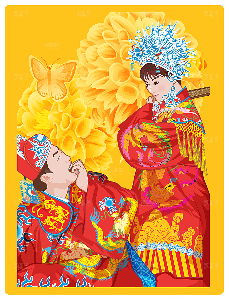 矢量中国古典新婚婚庆插画