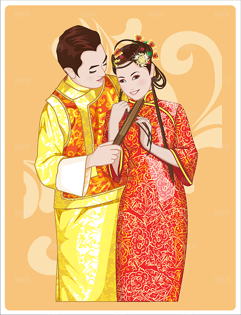 矢量中国古典新婚婚庆插画