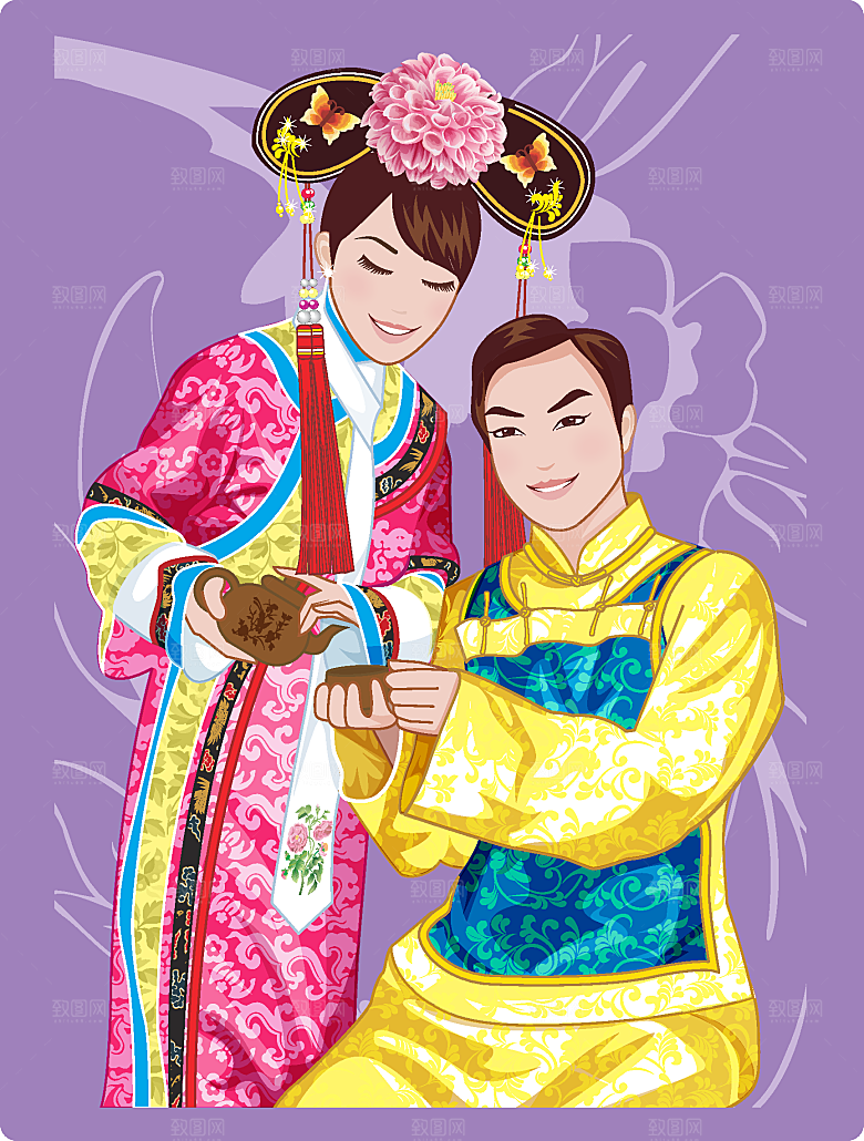 矢量中国古典新婚婚庆插画