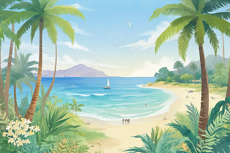 热带海滩度假风情画图片