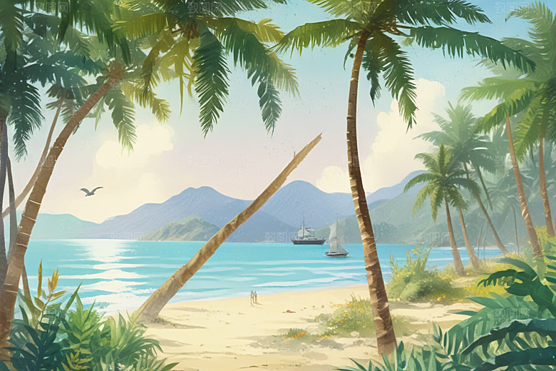 热带海滩度假风情画图片