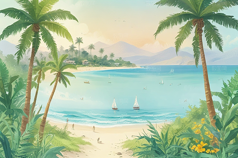 热带海滩度假风情画图片