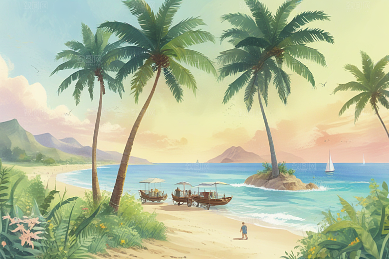 热带海滩度假风情画图片