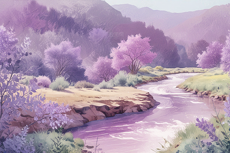 浪漫森林溪流风景插画图片