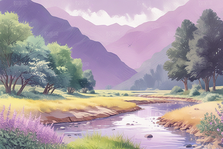 浪漫森林溪流风景插画图片