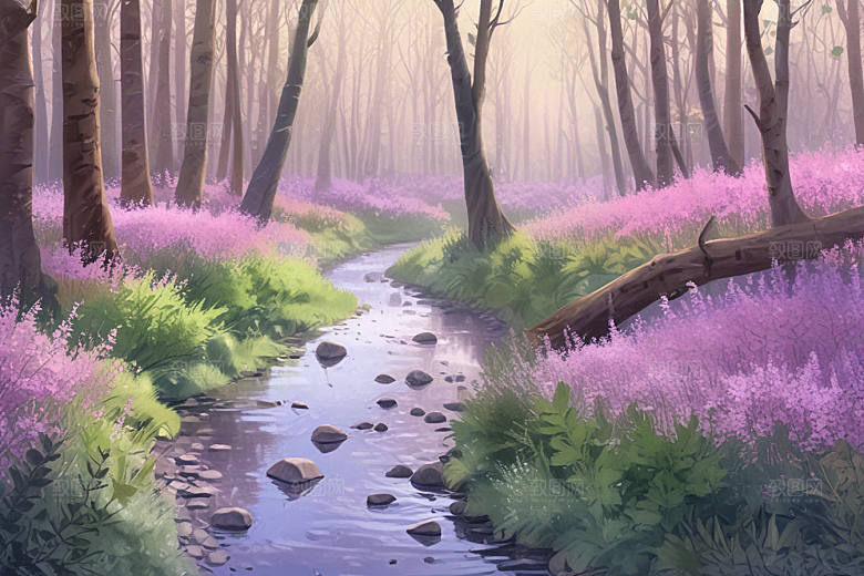 浪漫森林溪流风景插画图片