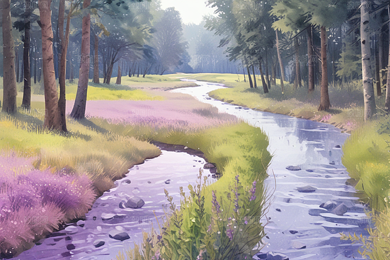 浪漫森林溪流风景插画图片