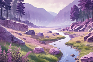 浪漫森林溪流风景插画图片