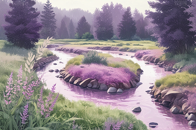 浪漫森林溪流风景插画图片