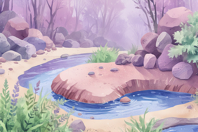 浪漫森林溪流风景插画图片