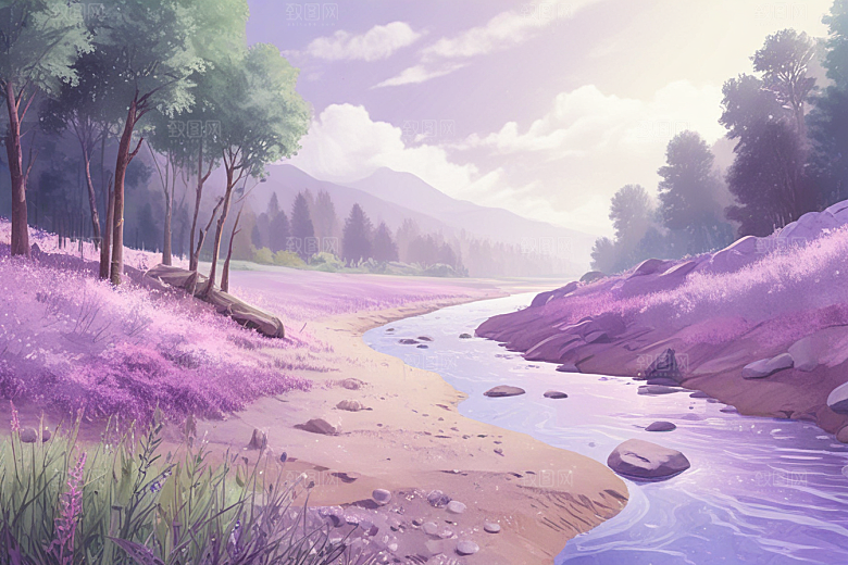 浪漫森林溪流风景插画图片