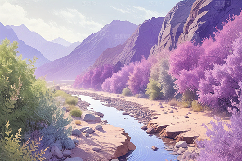 浪漫森林溪流风景插画图片