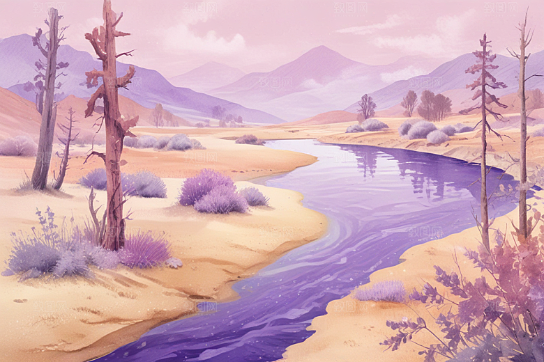 浪漫森林溪流风景插画图片