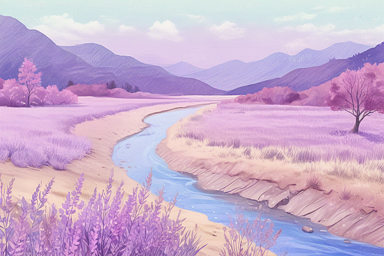 浪漫森林溪流风景插画图片