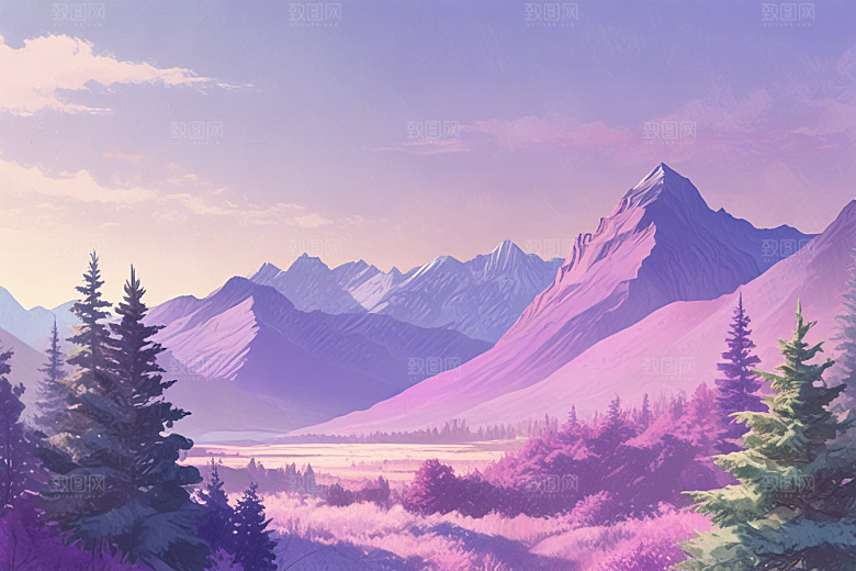 浪漫紫色山脉风景插画图片