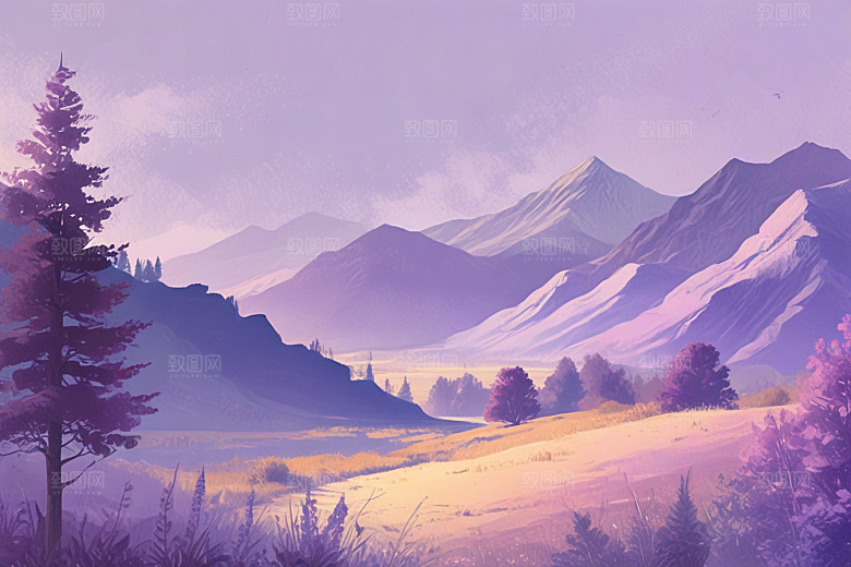 浪漫紫色山脉风景插画图片