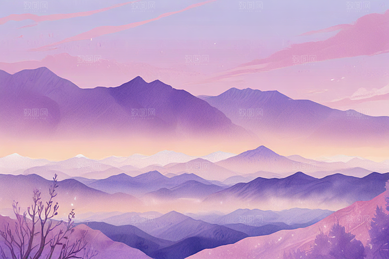浪漫紫色山脉风景插画图片