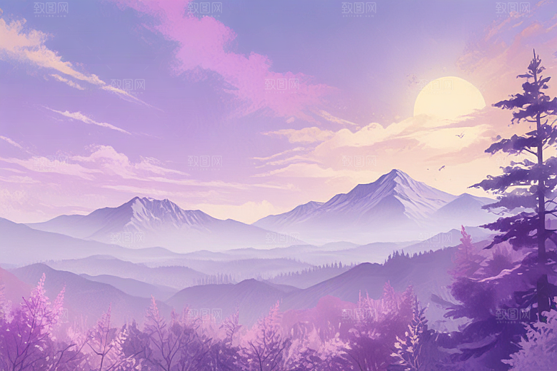 浪漫紫色山脉风景插画图片