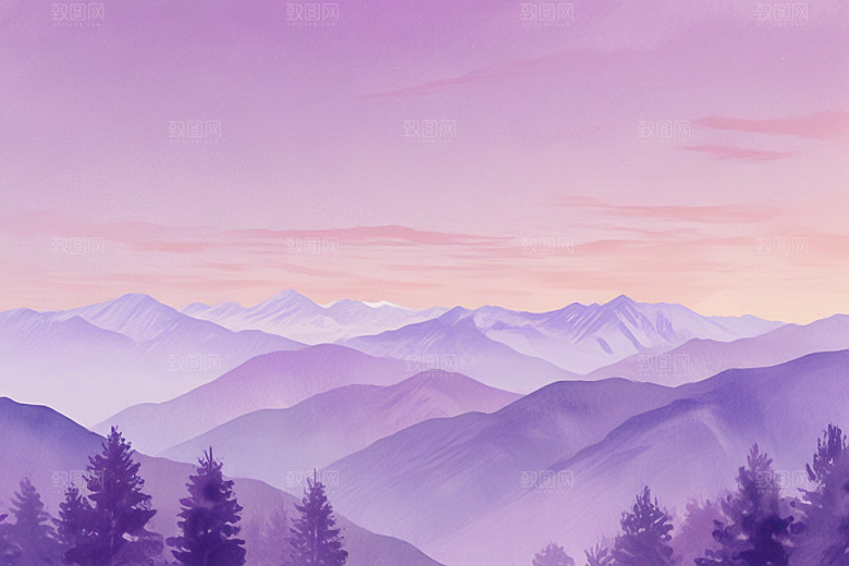 浪漫紫色山脉风景插画图片