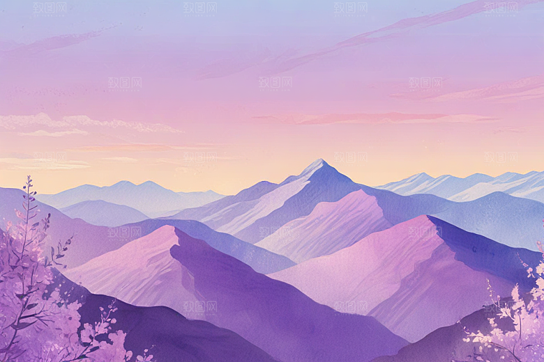 浪漫紫色山脉风景插画图片