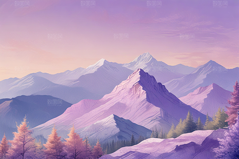 浪漫紫色山脉风景插画图片