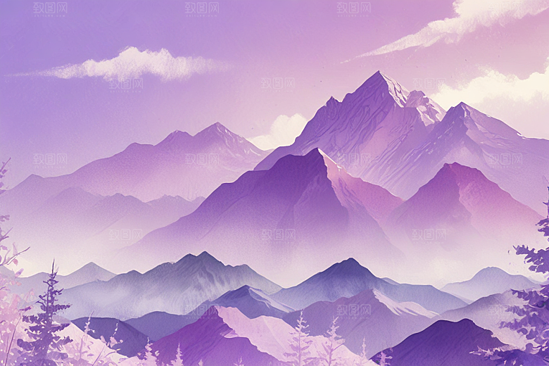 浪漫紫色山脉风景插画图片