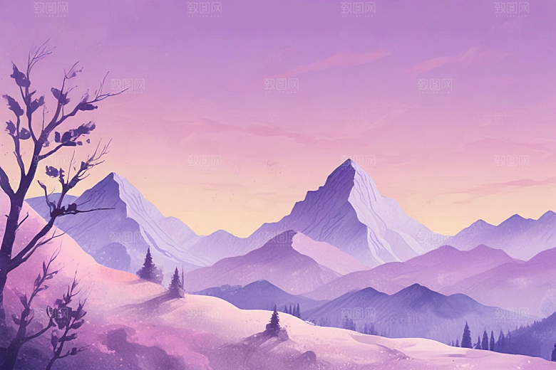浪漫紫色山脉风景插画图片