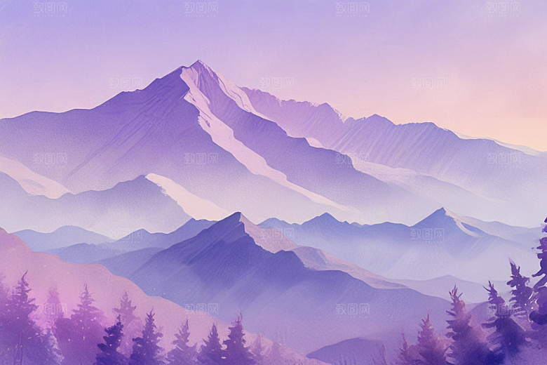 浪漫紫色山脉风景插画图片