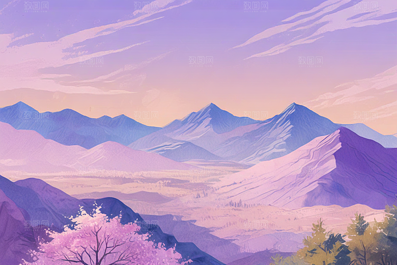浪漫紫色山脉风景插画图片