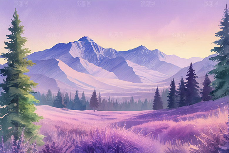 浪漫紫色山脉风景插画图片