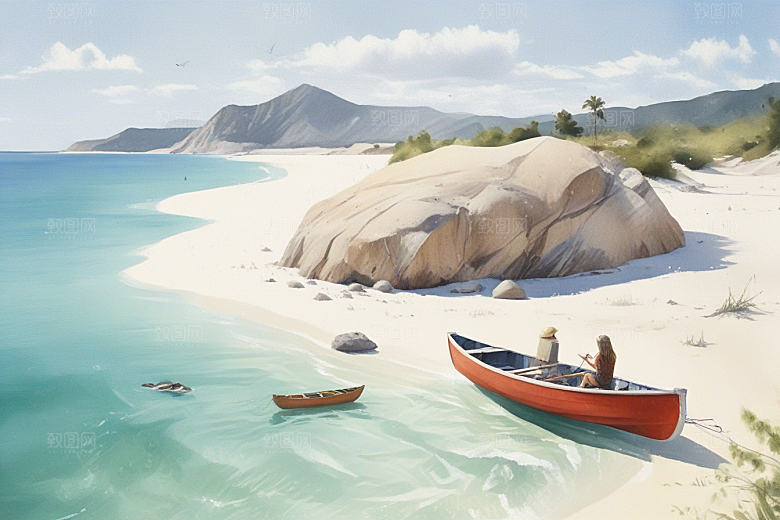 宁静海边风光插画图片