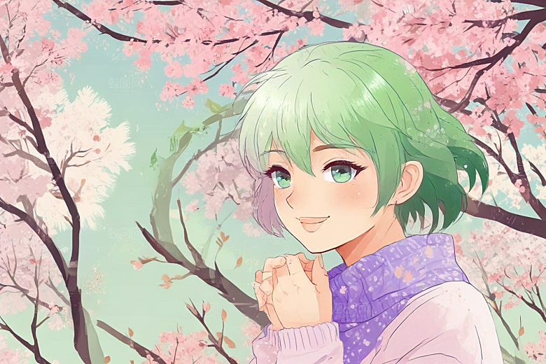 樱花树下短发绿眼少女图片