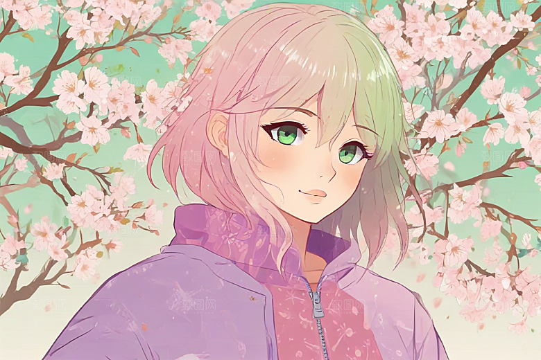 樱花树下短发绿眼少女图片