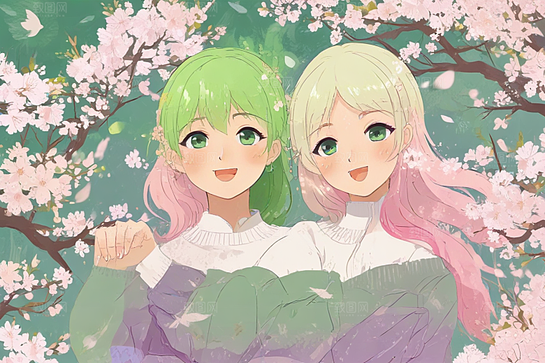 樱花树下短发绿眼少女图片
