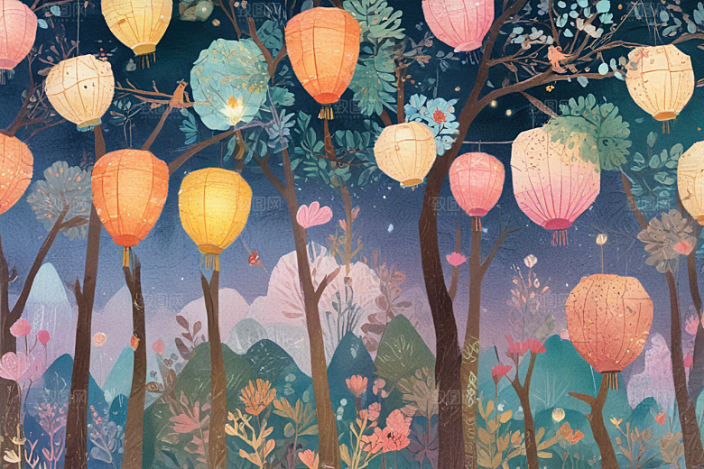 梦幻小镇夜空彩色灯笼图片