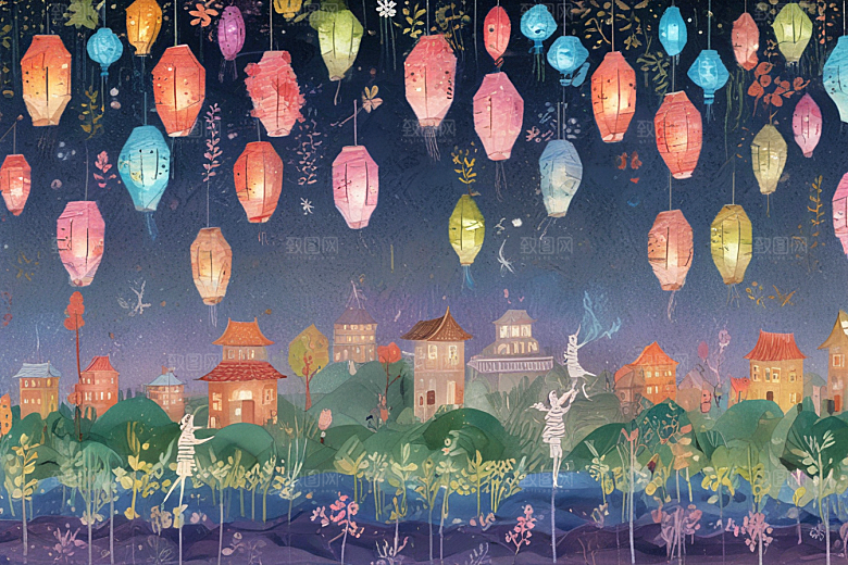 梦幻小镇夜空彩色灯笼图片