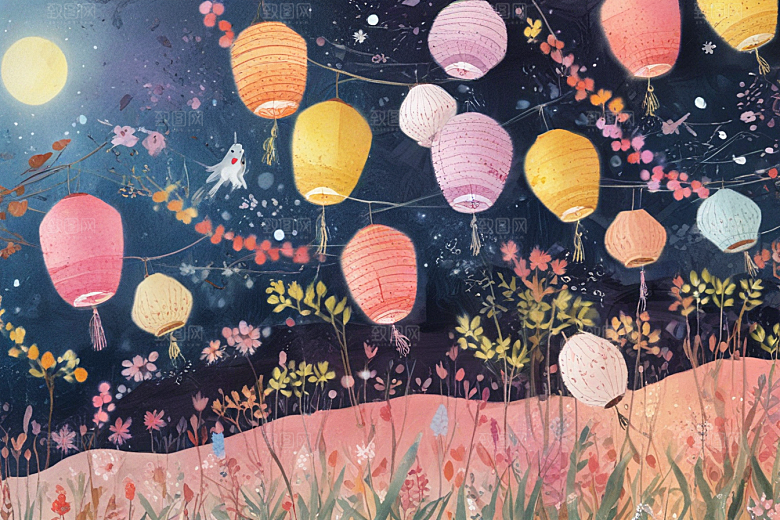 梦幻小镇夜空彩色灯笼图片