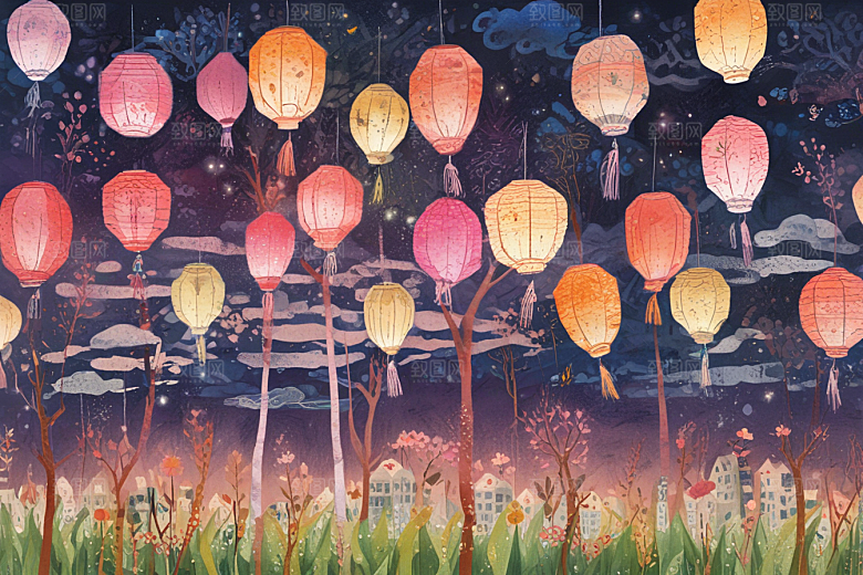 梦幻小镇夜空彩色灯笼图片