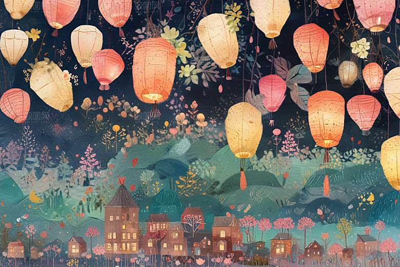 梦幻小镇夜空彩色灯笼图片