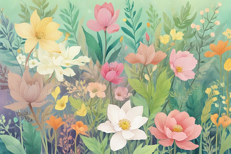 春暖花开绿叶彩色花朵图片