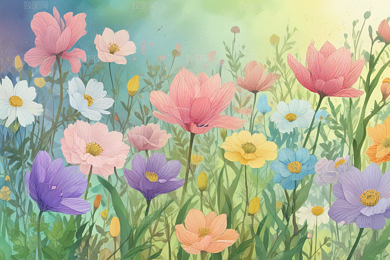 春暖花开绿叶彩色花朵图片