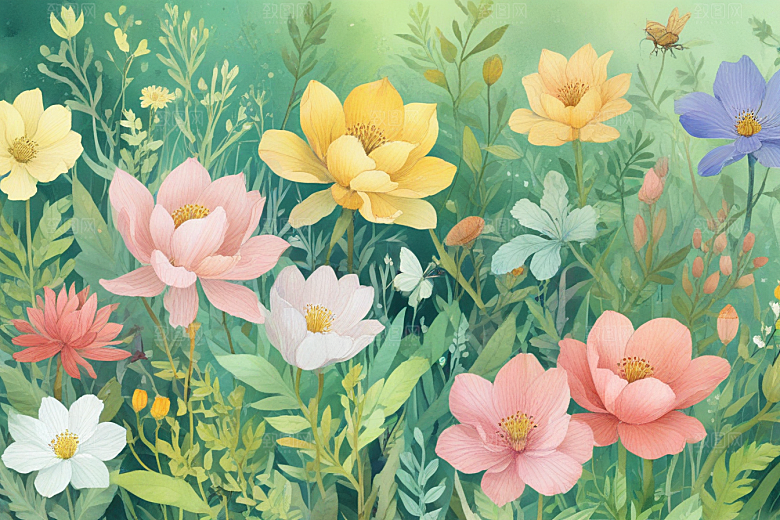 春暖花开绿叶彩色花朵图片