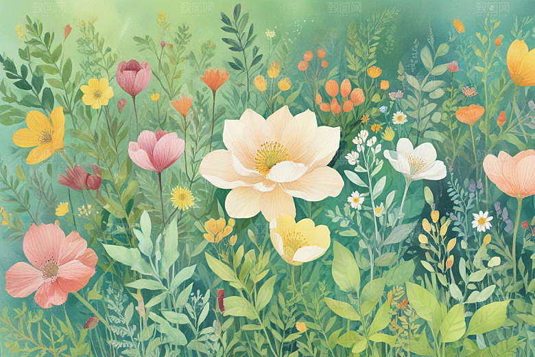 春暖花开绿叶彩色花朵图片