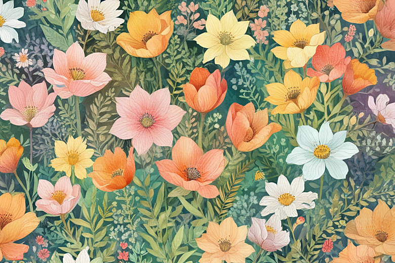 春暖花开绿叶彩色花朵图片