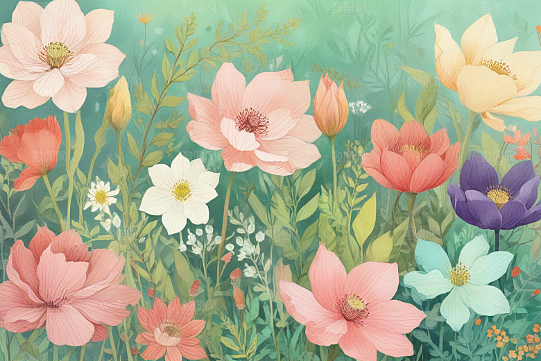 春暖花开绿叶彩色花朵图片