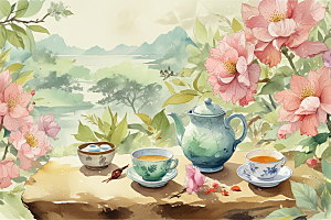 古风茶具旁鲜花盛放图片