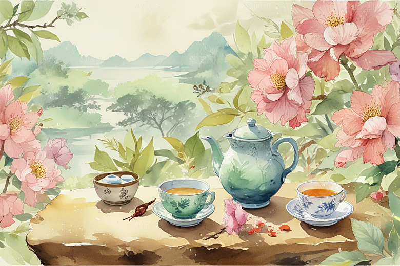 古风茶具旁鲜花盛放图片